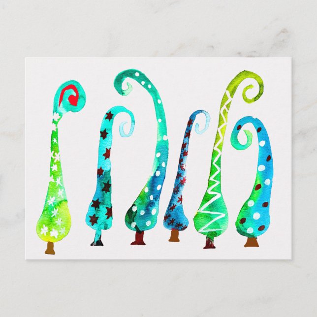 Whimsical watercolor christmas trees postcard (Front)