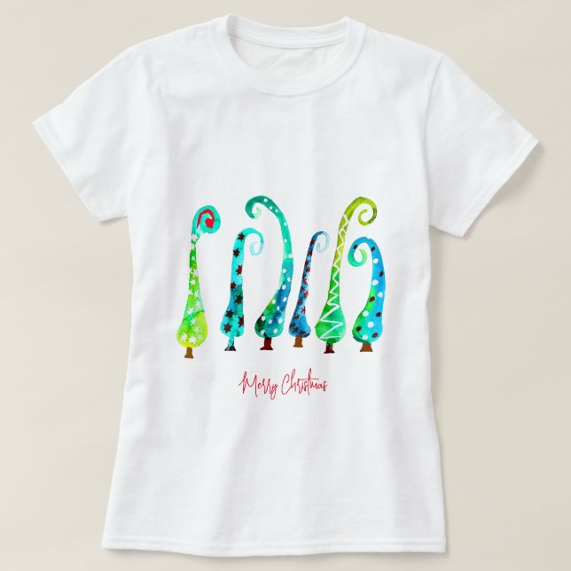 Whimsical watercolor christmas trees T-Shirt (Design Front)