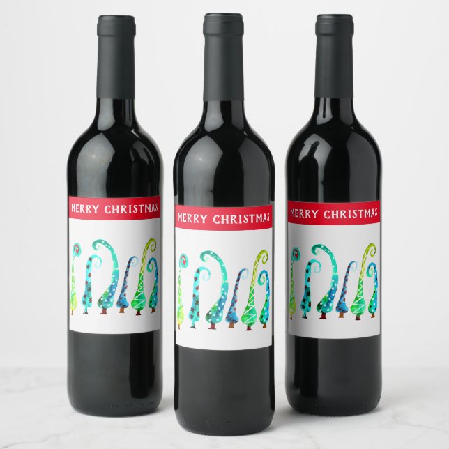 Whimsical watercolor christmas trees wine label (Bottles)