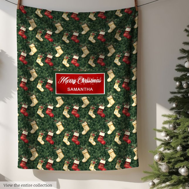 Whimsical watercolor deep red green Christmas wrap Fleece Blanket (Whimsical watercolor deep red green Christmas wrap Fleece Blanket )