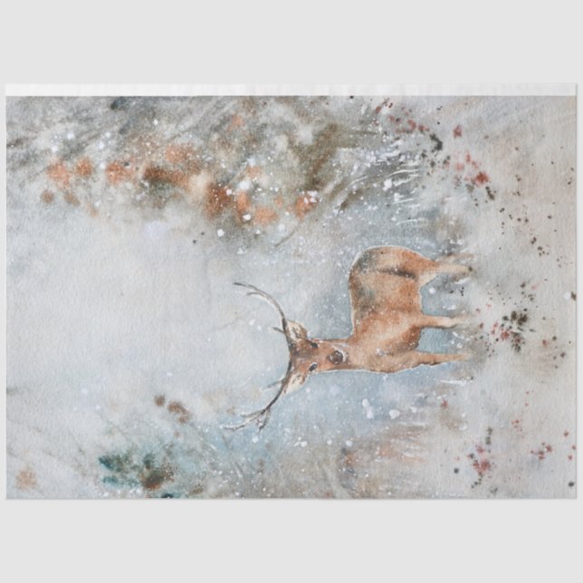 Whimsical Watercolor Deer in Snow Christmas Tissue Paper (Front)
