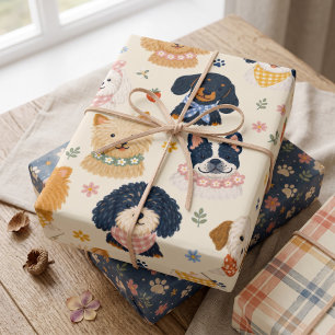 Whimsical Watercolor Dog Portraits Floral Wrapping Paper Sheet