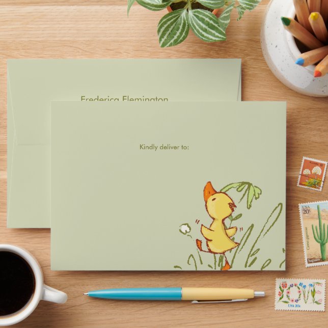 Whimsical Watercolor Duckling On Sage Green Envelope (Desk)