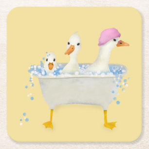 Whimsical Watercolor Ducks in Bathtub Baby Shower Square Paper Coaster