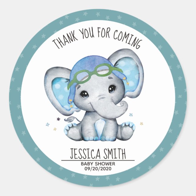 Whimsical Watercolor Elephant Aeroplane Baby Showe Classic Round Sticker (Front)