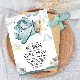 Whimsical Watercolor Elephant Aeroplane Baby Showe Invitation