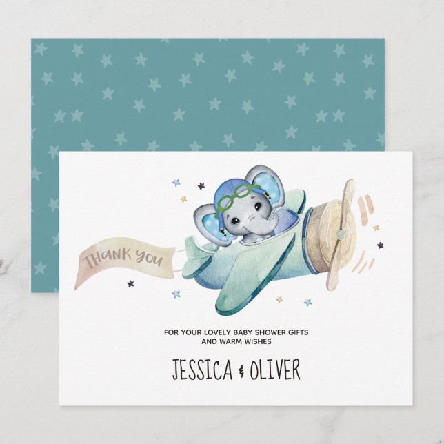 Whimsical Watercolor Elephant Aeroplane Thank You Invitation (Front/Back)