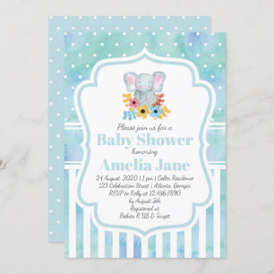 Whimsical Watercolor Elephant Boy Baby Shower Invitation