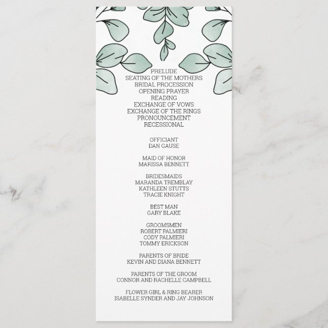 Whimsical Watercolor Eucalyptus Wedding Programme (Front)