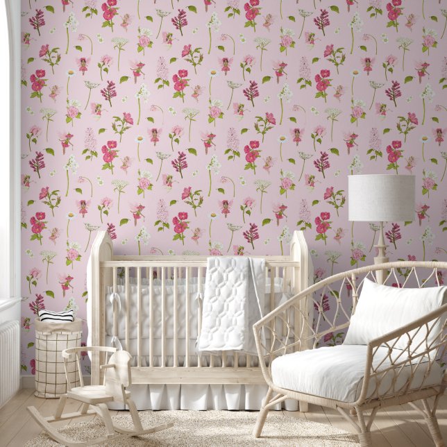 Whimsical Watercolor Fairies & Flowers pink Wallpaper (Kids)