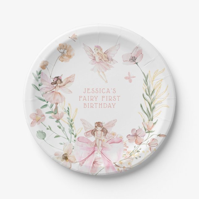 Whimsical Watercolor Fairy 1st Birthday Paper Plate (Front)