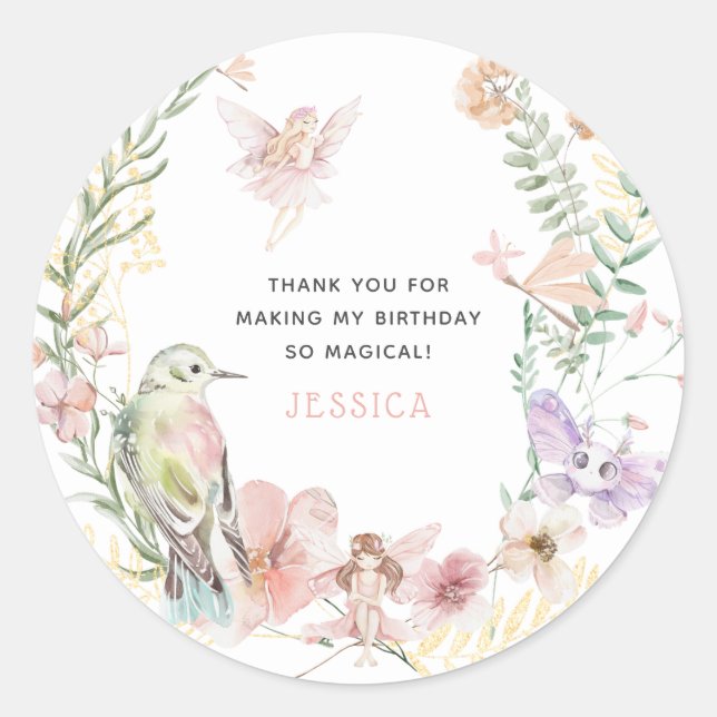 Whimsical Watercolor Fairy Thank You Birthday Classic Round Sticker (Front)