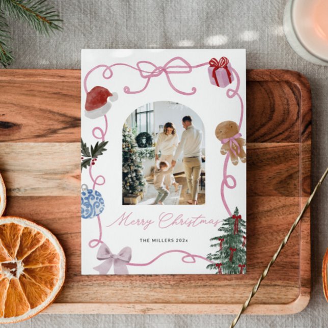 Whimsical Watercolor Family Photo Christmas Holiday Card (Whimsical Quirky Watercolor  Family Photo Christmas Card)