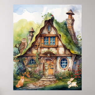 Whimsical Watercolor Fantasy Cottage Animals Kids Poster