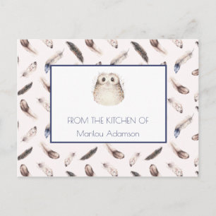 Whimsical Watercolor Feathers and Owl Recipe Postcard