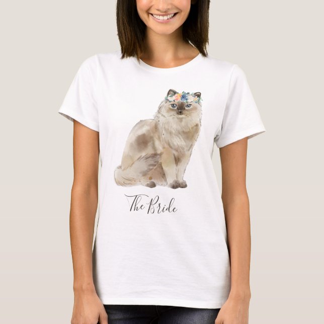 Whimsical Watercolor Floral Bride Cat T-Shirt (Front)