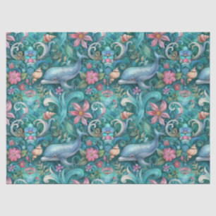 Whimsical Watercolor Floral Dolphins Decoupage Tissue Paper