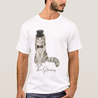 Whimsical Watercolor Floral Groom Cat T-Shirt