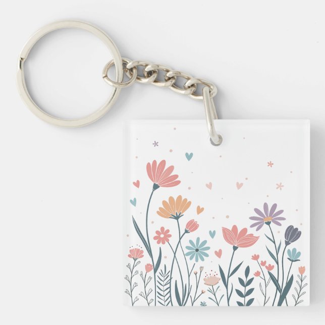Whimsical Watercolor Floral  Key Ring (Front)