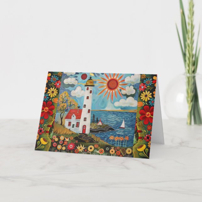 Whimsical Watercolor Floral Light House Blank Card (Front)
