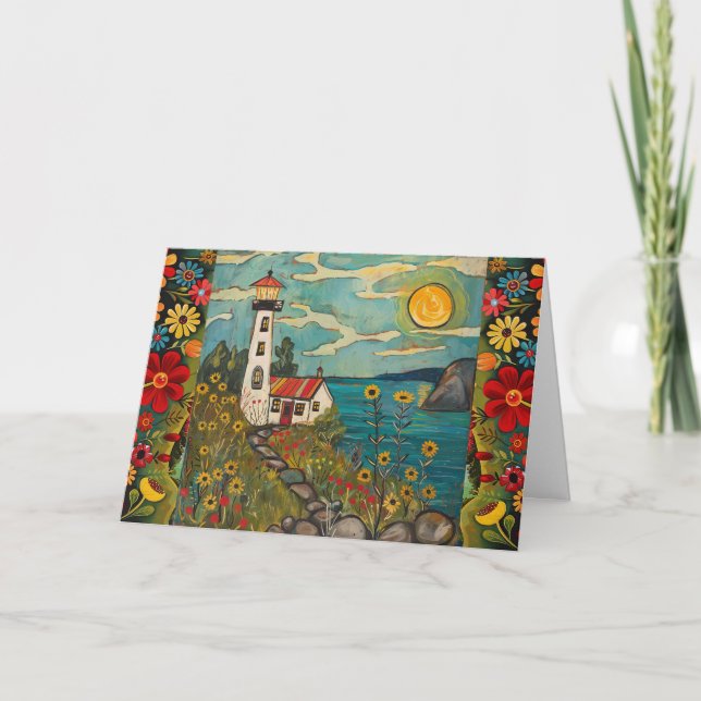Whimsical Watercolor Floral Light House Blank Card (Front)