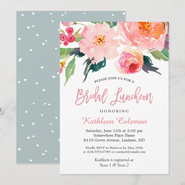 Whimsical Watercolor Floral Modern Bridal Luncheon Invitation (Front/Back)