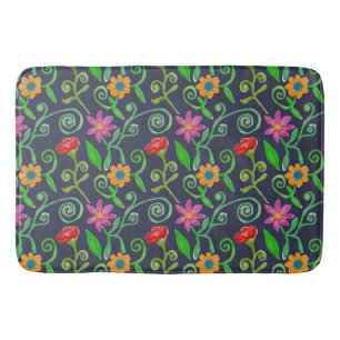 Whimsical Watercolor Floral Navy Blue Bath Mat