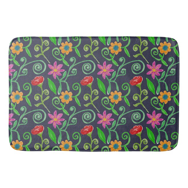 Whimsical Watercolor Floral Navy Blue Bath Mat (Front)