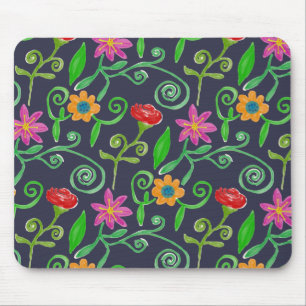 Whimsical Watercolor Floral Navy Blue Mouse Mat