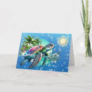 Whimsical Watercolor Floral Sea Turtle Note Card
