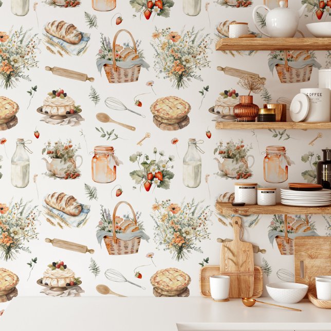 Whimsical Watercolor Floral Strawberry Country Wallpaper (In situ)