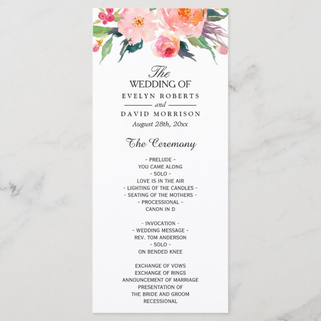 Whimsical Watercolor Floral Wedding Program Programme (Front)