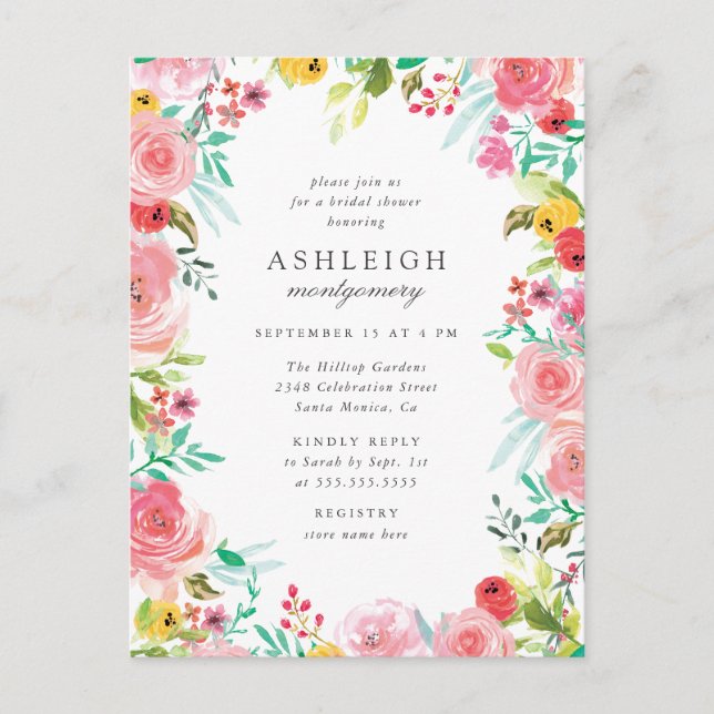 Whimsical Watercolor Floral Wreath Bridal Shower Invitation Postcard (Front)