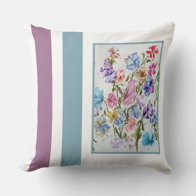 Whimsical Watercolor Flowers and Butterflies Cushion (Front)