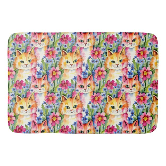 Whimsical Watercolor Flowers and Cats Colourful Bath Mat (Front)