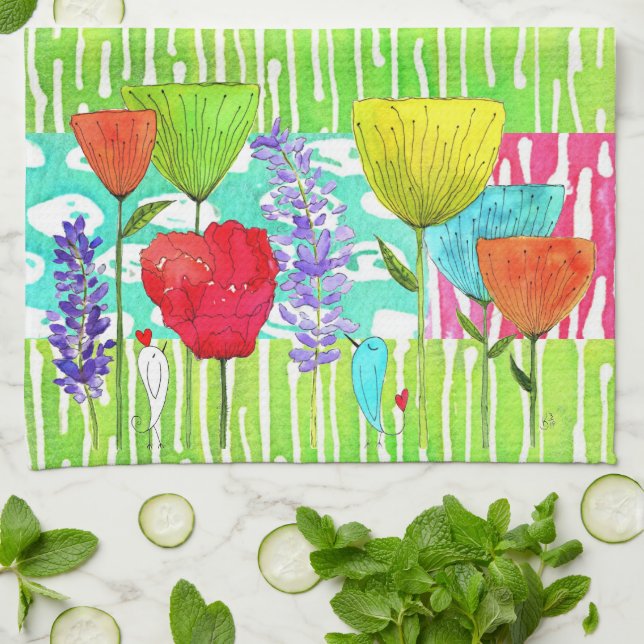 Whimsical Watercolor Flowers Kitchen Towels (Folded)