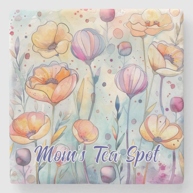 Whimsical Watercolor Flowers Square Coaster (Front)