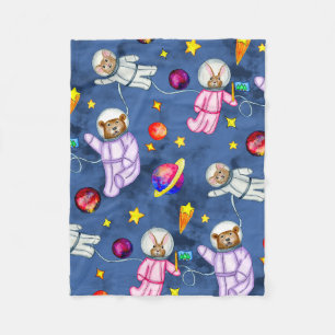 Whimsical Watercolor Forest Space Friends on Blue Fleece Blanket