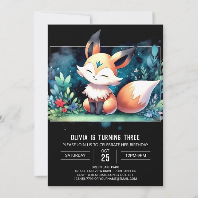 Whimsical Watercolor Fox Birthday digital Invitation (Front)