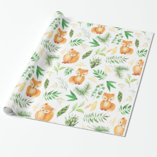 Whimsical Watercolor Foxes and Green Leaves   Wrapping Paper