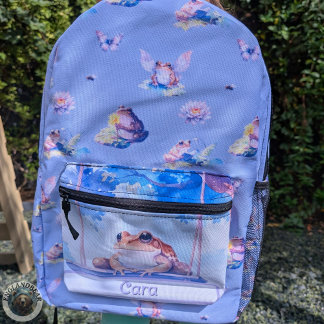 Whimsical Watercolor Frog on a Swing Woodland  Printed Backpack