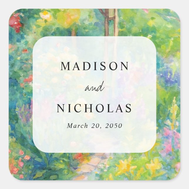 Whimsical Watercolor Garden Themed Wedding Favor Square Sticker (Front)