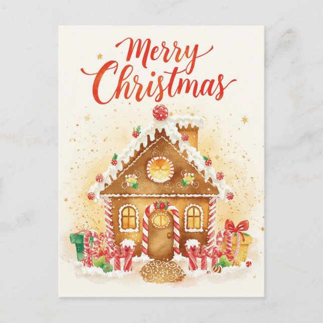 Whimsical Watercolor Gingerbread House Holiday Postcard (Front)