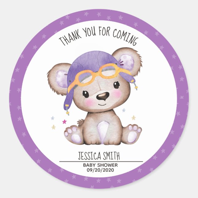 Whimsical Watercolor Girl Pilot Teddy Bear Classic Round Sticker (Front)