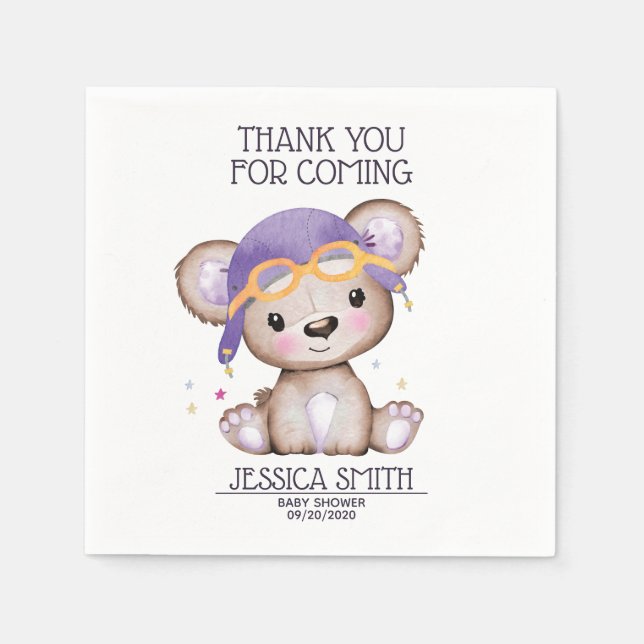 Whimsical Watercolor Girl Pilot Teddy Bear Napkin (Front)