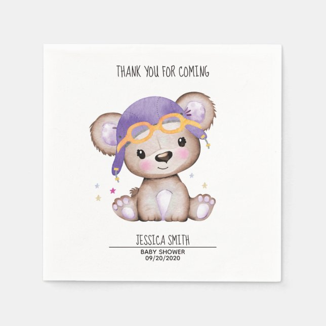 Whimsical Watercolor Girl Pilot Teddy Bear Napkin (Front)