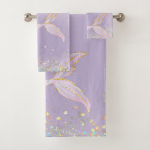Whimsical Watercolor Glitter Mermaid Tail Bath Towel Set