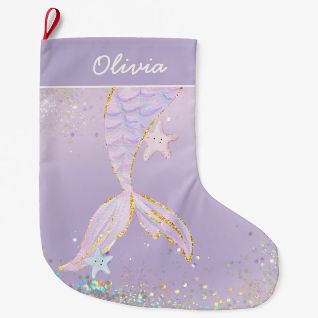 Whimsical Watercolor Glitter Mermaid Tail Large Christmas Stocking (Front)