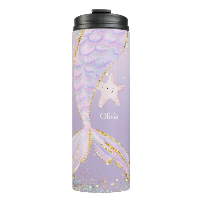 Whimsical Watercolor Glitter Mermaid Tail Thermal Tumbler (Front)