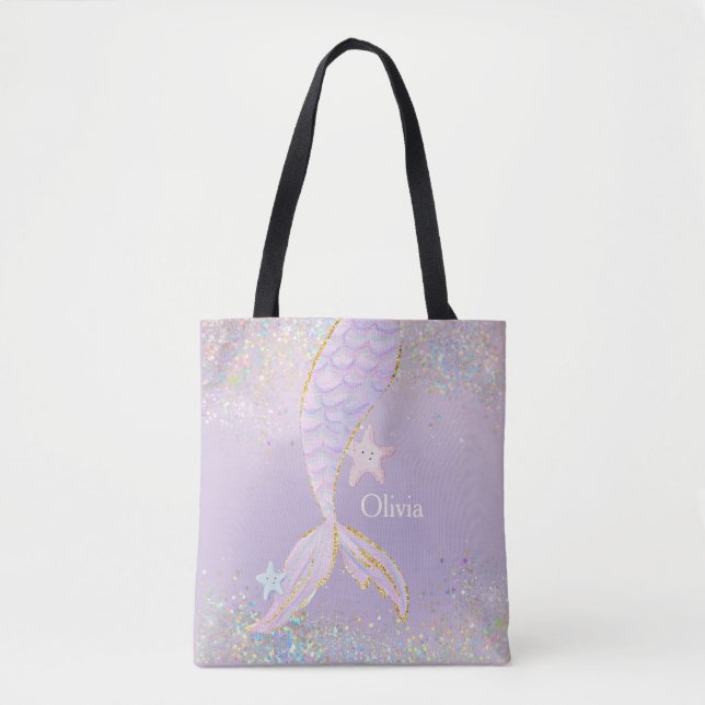 Whimsical Watercolor Glitter Mermaid Tail Tote Bag (Front)